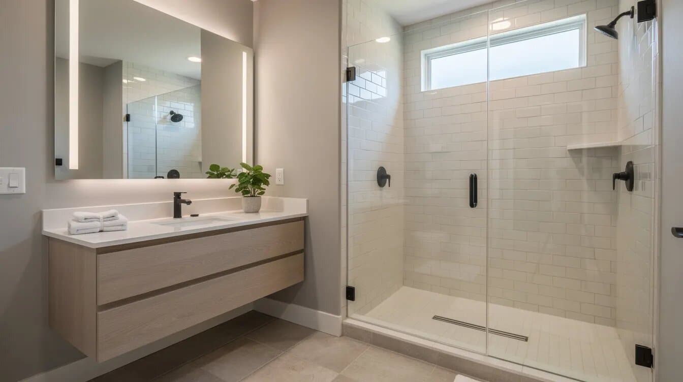 Remodeled bathroom with a tiled walk-in shower, glass door, and stone-topped vanity